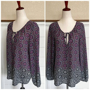 Sanctuary Ombre Medallion Floral Tie-Neck‎ Long sleeve Blouse XS